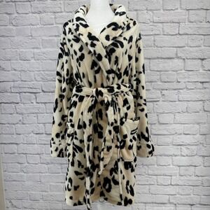Soma Womens Leopard Print Plush Robe L XL Cream Black Long Sleeve Belted‎ Cozy